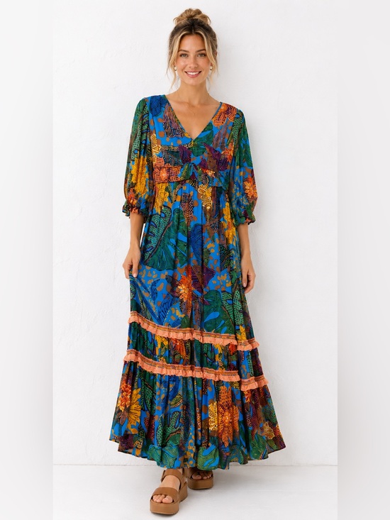 FARM Rio Dresses & Skirts - FARM Rio Blue Green Floral Maxi Dress with Orange Accents